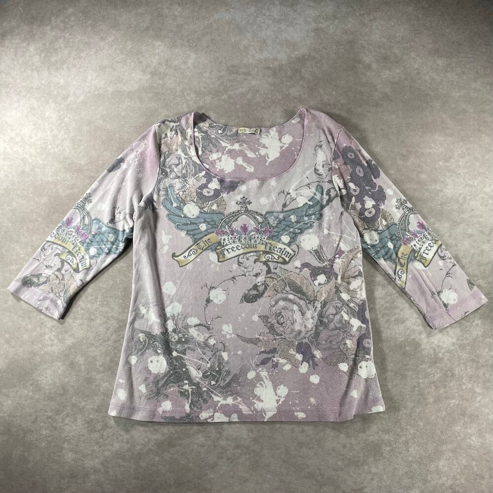Y2K Xcit USA Women’s Crown Wing Floral Rhinestone Top Purple 3/4 Sleeve Shirt